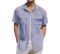 Chemise à rayures pour homme - Double poches - Style hawaïen - Manches courtes - Col boutonné, bleu 2, L