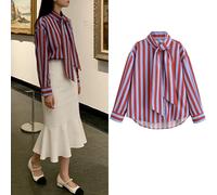Chemise à rayures verticales rouges et bleues pour femmes, avec col noué, manches longues, ourlet incurvé, chemise décontractée et tendance as picture