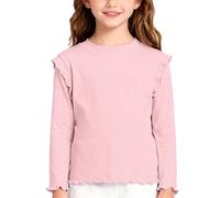 Chemise à Volants en Coton Doux Petite Fille - Col Rond Manches Longues Tee Mince, Haut de Base Détendu pour Couches, Style Simple et Charmant pour Enfance(Pink, 3-4 Years)