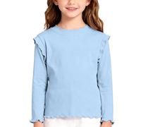 Chemise à Volants en Coton Doux Petite Fille - Col Rond Manches Longues Tee Mince, Haut de Base Détendu pour Couches, Style Simple et Charmant pour Enfance(Blue, 7-8 Years)