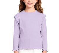 Chemise à Volants en Coton Doux Petite Fille - Col Rond Manches Longues Tee Mince, Haut de Base Détendu pour Couches, Style Simple et Charmant pour Enfance(Purple, 9-10 Years)