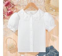 Chemise adolecente unie avec col Peter Pan à manches courtes et boutons sur le devant, mignon 8Y,9Y,10Y,11Y,12YUnicoloreTissu tissé