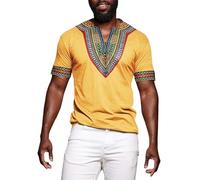 Chemise Africaine Homme Col V Ethnique Dashiki Chemise Été Décontractée avec Motifs Ethniques Manches Courtes Chemises Traditionnelles Moyen-Orient Tenues Arabes, Y3 Jaune, M