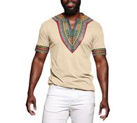 Chemise Africaine Homme Col V Ethnique Dashiki Chemise Été Décontractée avec Motifs Ethniques Manches Courtes Chemises Traditionnelles Moyen-Orient Tenues Arabes, Y3 Kaki, XL