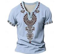 Chemise Africaine Homme Col V Ethnique Dashiki Chemise Été Décontractée avec Motifs Ethniques Manches Courtes Chemises Traditionnelles Moyen-Orient Tenues Arabes, O bleu ciel, S