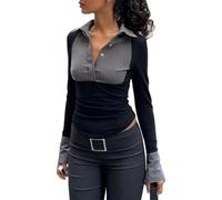 Chemise ajustée pour femme - Bicolore - Col polo rayé et uni - Manches longues - Style rétro - Coupe ajustée - Style décontracté - Chic - Vintage - Élégant - Haut de bureau, Noir , M