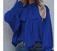 Chemise ample à manches longues avec boutons, nœud papillon et manches bouffantes, de couleur unie, élégante, digne et simple. Convient aux dames européennes et américaines pour le travail. L,M,S,XL,X