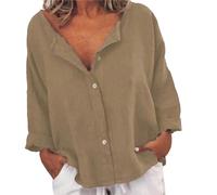 Chemise ample à manches longues en lin pour femme - Style hippie - Pour l'été, la plage, le yoga - Grande taille - Col en V - Boutonnée - Pour le bureau, la croisière, les paysans, kaki, XL