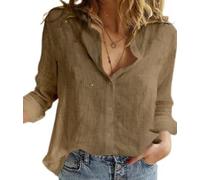 Chemise ample boutonnée à manches longues en lin pour femme - Col en V - Style décontracté - Couleur unie - Pour le bureau, le travail, le quotidien, marron, S