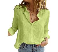 Chemise ample boutonnée à manches longues en lin pour femme - Col en V - Style décontracté - Couleur unie - Pour le bureau, le travail, le quotidien, Vert, 3XL