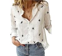 Chemise ample boutonnée à manches longues en lin pour femme - Col en V - Style décontracté - Couleur unie - Pour le bureau, le travail, le quotidien, blanc fleur, L