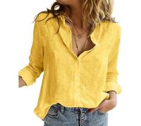 Chemise ample boutonnée à manches longues en lin pour femme - Col en V - Style décontracté - Couleur unie - Pour le bureau, le travail, le quotidien, jaune, L