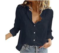 Chemise ample boutonnée à manches longues en lin pour femme - Col en V - Style décontracté - Couleur unie - Pour le bureau, le travail, le quotidien, Noir , L