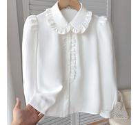 Chemise ample décontractée élégante pour préadolescentes avec volants, manches bouffantes et boutons. Confortable pour le quotidien et l'école. Top à manches longues avec volants blancs, blouse blanch