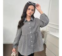 Chemise ample et mignonne à col Peter Pan avec manches lanternes pour l'hiver/l'automne, motif quadrillé décontracté pour filles pré-adolescentes 8Y,9Y,10Y,11Y,12YVichyTissu tissé