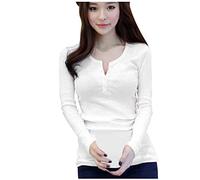 Chemise basique unie à manches longues pour femme - Col rond - Version coréenne - Chemisier ample pour femme - Tenue pour la vie quotidienne - Cadeaux de Noël, blanc, M