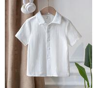 Chemise blanche à manches courtes en coton et lin pour jeune garçon, polyvalente pour un port quotidien 6Y,7Y,4Y,5YUnicolorePolyester