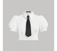Chemise blanche à manches courtes grande taille avec cravate, coupée et serrée 0XL,1XL,2XL,3XL,4XL,5XLTissu tissé