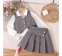 Chemise blanche à manches longues style preppy pour filles avec gilet noir, 4 plis, patch triangle inversé, 2 boutons, 6 fleurs 3D sur le devant du gilet, tenue de rentrée scolaire, toutes saisons 6Y,