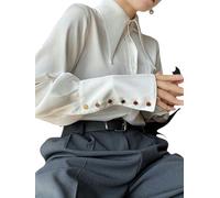 Chemise Blanche en Satin à Grand col pour Femmes, Printemps et Nouvelle Chemise drapée Haut de Gamme à col Pointu - Blanc - M