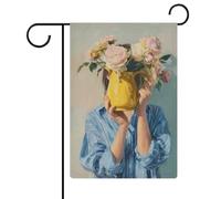 Chemise bleue pour femme vase à fleurs jaune drapeau de jardin saisonnier vacances toile de jute double face maison cour drapeaux extérieurs 30,5 x 45,7 cm