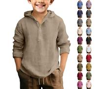 Chemise bohème en lin pour garçons, chemise boutonnée en coton et lin à manches longues, pull à capuche demi-boutonné, coupe ample, sweat à capuche de plage uni, respirant et léger, blanc, 14-15 ans