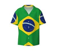 Chemise boutonnée à manches courtes avec drapeau brésilien, coupe ajustée, sans plis, tissu extensible confortable., Noir/blanc, L