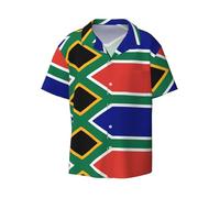 Chemise boutonnée à manches courtes avec drapeau de l'Afrique du Sud, coupe ajustée, sans plis, tissu extensible confortable., Noir/blanc, L
