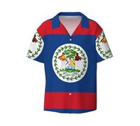 Chemise boutonnée à manches courtes avec drapeau du Belize, coupe ajustée, longueur sans nœud, tissu extensible confortable., noir, Taille M