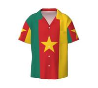 Chemise boutonnée à manches courtes avec drapeau du Cameroun - Coupe ajustée - Sans plis - Tissu extensible confortable., noir, XX-Large