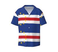 Chemise boutonnée à manches courtes avec drapeau du Cap-Vert - Coupe ajustée - Tissu extensible confortable., noir, Taille 3XL