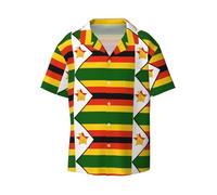 Chemise boutonnée à manches courtes avec drapeau du Zimbabwe, coupe ajustée, longueur sans pliage, tissu extensible confortable., noir, Taille M