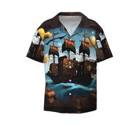 Chemise boutonnée à manches courtes avec motif bateau pirate de dessin animé, coupe ajustée, tissu extensible confortable., noir, Taille M