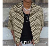 Chemise boutonnée à manches courtes, coupe boxy, bords effilochés, imprimé à carreaux, style Y2K. Veste pour hommes, chemise courte pour hommes, chemises courtes pour hommes, chemises courtes boutonné