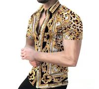 Chemise boutonnée à manches courtes pour homme avec imprimé baroque élégant pour les fêtes (L A)