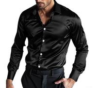 Chemise boutonnée à manches longues en satin de soie pour homme - Chemise décontractée pour discothèque, fête de mariage (XL noir)