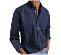 Chemise boutonnée à manches longues et revers de couleur unie pour homme, haut ample décontracté à manches longues, avec poches pour le travail ou le travail, bleu, 3XL