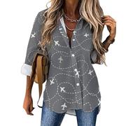 Chemise boutonnée à manches longues pour femme, chemisier tendance et décontracté à col en V pour femme, motif itinéraires d'avion autour du monde, Style 38, Taille L