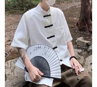 Chemise boutonnée décontractée pour homme, haut ample à manches courtes en polyester pour l'été, style vintage avec col montant, couleur unie pour les vacances et le quotidien (2XL, blanc)