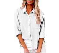 Chemise boutonnée en coton et lin pour femme 2023 - Chemise décontractée à manches longues de couleur unie - Haut de travail ample avec poches, blanc, Taille M
