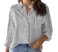 Chemise boutonnée en coton rayé pour femme, petit chemisier surdimensionné à manches longues, chemises de travail, hauts boutonnés, Noir , S