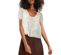 Chemise boutonnée en dentelle à manches courtes semi-transparente pour femme, chemisier à volants Y2k pour sortir, vêtements de personnes coquette, Dentelle Patchwork Blanc, Taille M