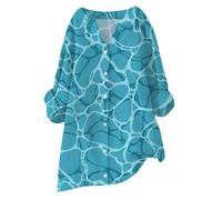Chemise boutonnée en lin à manches longues et col en V pour femme - Dégradé de fruits et fleurs - Chemisier ample tendance, vert menthe, 4XL