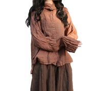 Chemise boutonnée en lin à manches longues et col haut pour femme Style décontracté, café, Taille Unique