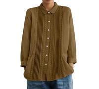 Chemise boutonnée en Lin et Dentelle Patchwork, Manches Longues, col à plissé, Blouse décontractée idéale pour l'été (Khaki, XL)