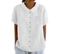 Chemise boutonnée en lin pour femme, col claudine, vêtements mignons, chemisier d'été décontracté à manches courtes avec poche, blanc, S