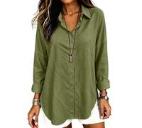 Chemise boutonnée en lin pour femme - Coupe décontractée - Avec col - Style décontracté - Solide - Pour le travail, vert militaire, 3XL