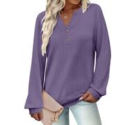 Chemise boutonnée grande taille à manches longues et col en V pour femme, coupe ample, décontracté, printemps automne, haut uni, confortable, extensible, violet, Taille XL