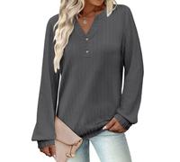 Chemise boutonnée grande taille à manches longues et col en V pour femme, coupe ample, décontracté, printemps automne, haut uni, confortable, extensible, gris foncé, XX-Large