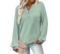 Chemise boutonnée grande taille à manches longues et col en V pour femme, coupe ample, décontracté, printemps automne, haut uni, confortable, extensible, vert, Taille L